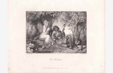 Der Troubadour, schöner Stahlstich um 1850 mit musizierendem Paar in der Natur, von A. H. Payne nach H. J. Stanley, Blattgröße: 20, 2 x 26, 5 cm, reine Bildgröße: 13, 2 x 16, 5 cm.