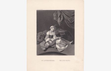 Die Lautenspielerin, The Lute Player, Stahlstich um 1850 von A. H. Payne nach Cornelis Bega, Blattgröße: 24, 7 x 20 cm, reine Bildgröße: 18 x 13 cm.