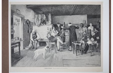 Ländliche Musikprobe, schöner Holzstich um 1870 mit Blick in eine bürgerliche Kammer nach dem Gemälde von R. Engelhorn, Blattgröße: 25 x 33, 5 cm, reine Bildgröße: 23 x 32 cm.