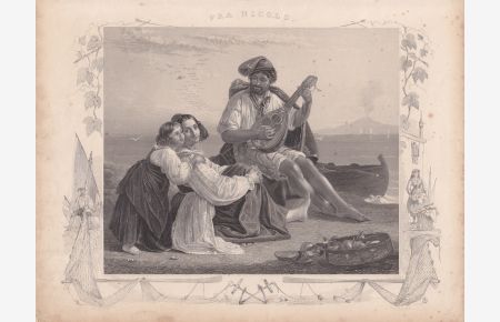 Laute, Fra Nicolo, Stahlstich um 1850 mit drei Personen am Strand mit maritimem Schmuckrahmen, von A. H. Payne nach A. Riedel, Blattgröße: 18 x 24 cm, reine Bildgröße: 16, 5 x 21 cm.