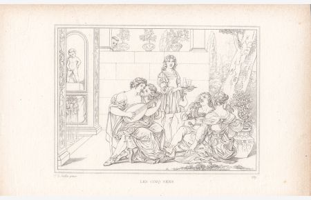 Laute, Le cinq sens, Stahlstich um 1850 mit musizierender Gruppe, Blattgröße: 11 x 17, 7 cm, reine Bildgröße: 9 x 11, 5 cm.