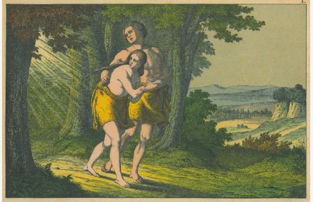 Adam und Eva und die Vertreibung aus dem Paradies. Adam und Eva sich haltend gehen aus dem Licht.