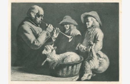 Der Oboist. Ein alter Mann spielt auf einer Oboe, im Vordergrund ein Lamm in einem Korb, dahinter zwei Knaben mit Hüten, der rechte mit einem toten Lamm am Arm.