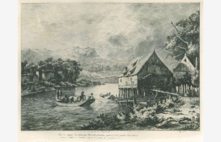 Le Moulin de Ruysdael. Blick einen Fluss entlang auf eine Mühle, links ein größeres Boot auf dem ein Pferd transportiert wird.