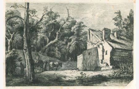 The Entrée de Forêt brie avec masure à droite. Eine Waldlichtung mit einer Hütte auf der rechten Seite, links ein Reiter sowie ein Bauer mit Pferd.