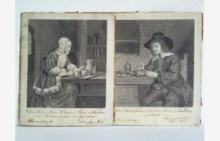 Paar: Dame bei einer Teezeremonie und Herr Pfeife rauchend - 2 Kohlezeichnungen