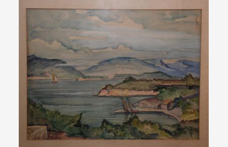 Landschaft am See oder am Meer, wohl Italien. Großes Aquarell in kräftigen Farben im typischen Malduktus von W. Klemm. Signiert unten links.
