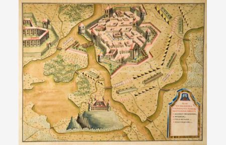 Plan der Eroberung Fridberg von General Nadsti, den 13. Juni 1743. Gesamtansicht mit der Umgebung von einem erhöhten Standpunkt aus.