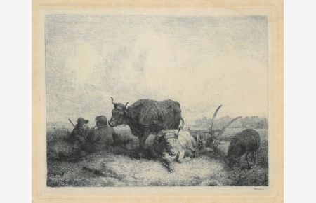 Der ruhende Ackersmann. In einer flachen oberbayerischen Landschaft ruht sich ein Bauer vom Pflügen aus und unterhält sich Pfeife rauchend mit einem Hirtenbuben, rechts das Ochsengespann beim Pflug, daneben zwei Schafe.