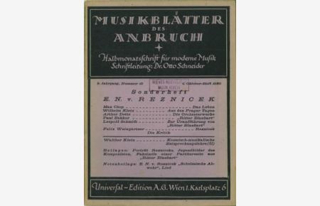 Musikblätter des Anbruch. Halbmonatsschrift für moderne Musik. 2. Jahrgang, Nummer 15 - 1. Oktober-Heft 1920. Sonderheft: E. N. v. Reznicek.