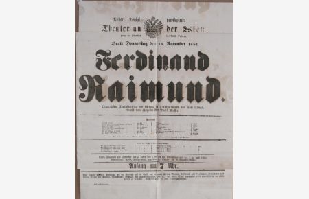 Ferdinand Raimund. Künstler-Skizze mit Gesang in drei Acten. Von Karl Elmar. Musik von Kapellmeister Adolph Müller.