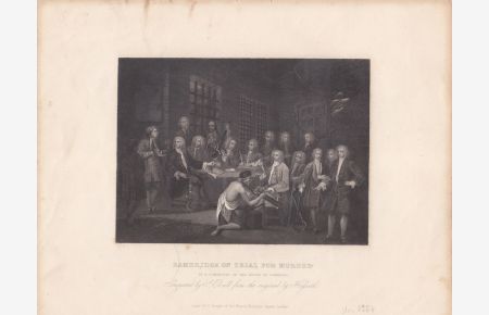 Bambridge on trial for murder, Mörder, Gericht, Stahlstich um 1835 von S. Bull nach William Hogarth (1697 - 1764), Blattgröße: 21 x 27, 5 cm, reine Bildgröße: 15, 5 x 16, 5 cm.