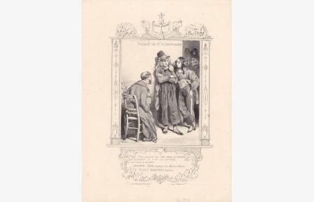 Cabinet de Mr. le Commisaire, Polizist, Tänzer, Lithographie um 1845 mit schönem Schmuckrahmen, Blattgröße: 26, 5 x 19, 5 cm, reine Bildgröße: 22, 5 x 14 cm.