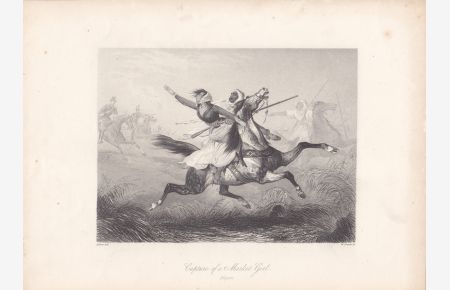 Capture of a Market Girl Algiers, Araber, Pferd, Reiter, Stahlstich um 1850 von W. French nach Adam, Blattgröße: 18, 5 x 25, 7 cm, reine Bildgröße: 14, 7 x 16, 5 cm.