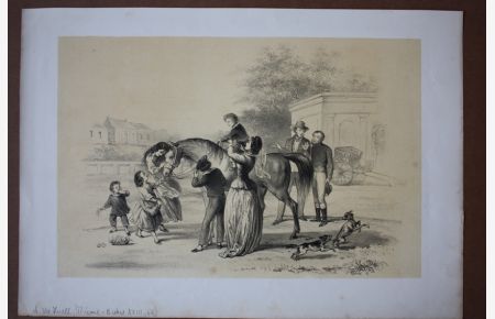 Pferd, Reitunterricht, Hunde, Familie, getönte Lithographie um 1865 von Alexander Ver Huell (1822 - 1897), Blattgröße: 25, 3 x 36, 5 cm, reine Bildgröße: 19, 8 x 30 cm.