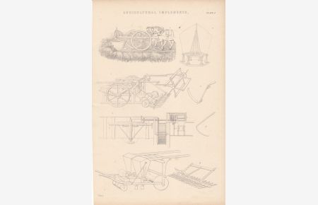 Agricultural Implements, Mähmaschine, Ernte, Holzstich um 1880 mit Einzelabbildungen, Blattgröße: 24, 5 x 16 cm, reine Bildgröße: 21, 5 x 14, 5 cm.
