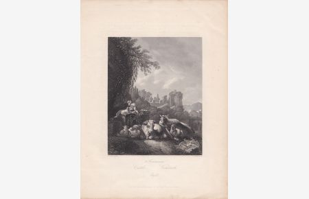 Animaux, Viehstück, Rinder, Ruinen, Hirtin, Stahlstich um 1850 von T. Heawood nach H. Roos, aus dem Haus A. H. Payne, Blattgröße: 28, 5 x 21, 3 cm, reine Bildgröße: 20 x 13, 5 cm.