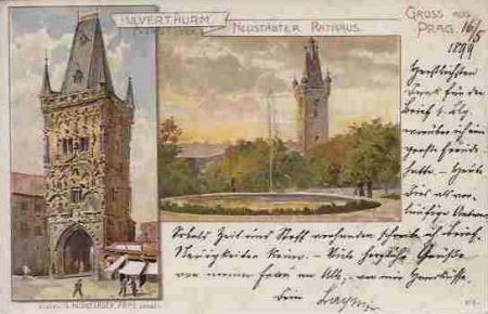Gruss aus Prag - Pulverthurm (erbaut 1508) - Neustädter Rathaus.   - Farb. Litho-Ansichtskarte mit 2 Bildern.