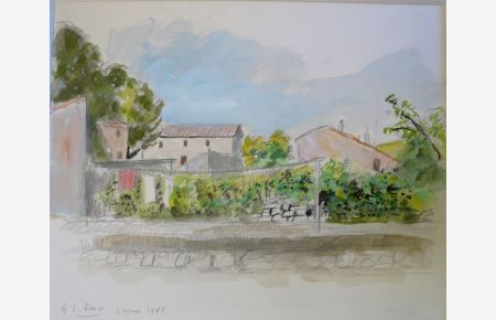 Studie einer kleinen Ortschaft in der Provence.   - Aquarell mit Tusche und Buntstift über Bleistift.