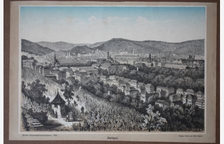 Stuttgart, altkolorierter Holzstich um 1880 mit Blick auf die Stadt aus der Natur heraus, Blattgröße: 19, 5 x 28, 7 cm, reine Bildgröße: 18, 7 x 26 cm.