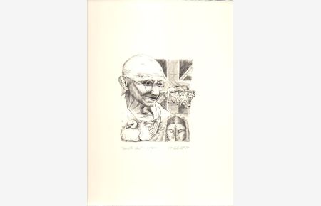 Originalgraphik zum Thema Hommage à Gustav Regler 1898 - 1963.   - Unterhalb der Graphik mit handschriftlichem Titel 'Gandhi starb'.