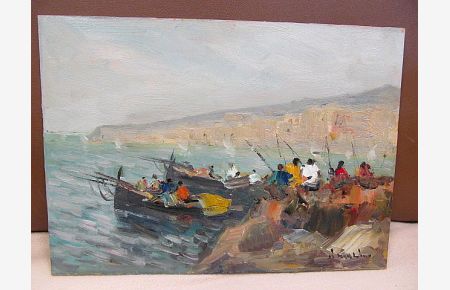 Neapolitanische Angler, Fischer und Fischerboote an felsiger Küste. Öl auf Platte. / Pescatori a Napol. Oil painting. .