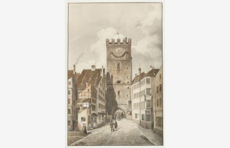 Der Ruffiniturm. Abschluss des Rindermarktes und der Sendlinger Gasse nahe dem Ruffinihaus; benannt nach dem Münchner Patriziergeschlecht Ruffini. Er wurde 1808 abgetragen.