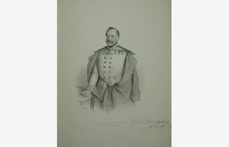 Porträt / Portrait. Dreiviertelfigur en face in Uniform mit Umhang. Lithographie von Joseph Kriehuber, unten mit Bezeichnung Franz Graf Schaaffgottsche und Signaturfaksimile.