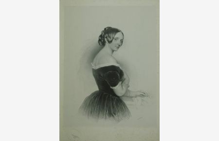 Porträt / Portrait. Halbfigur nach rechts in schwarzem schulterfreiem Kleid. Lithographie auf aufgewalztem China von Joseph Kriehuber.