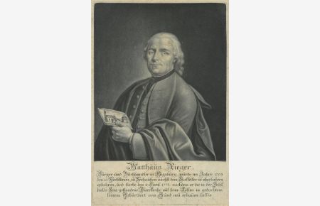 Halbfigur nach viertellinks des Augsburger Buchhändler und Verlegers, in der Linken ein Kupferstich der Pfarrkirche St. Michael von Seehausen deren Neubau er 1770 stiftete.