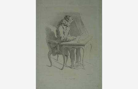 Portrait nach rechts in Ganzfigur am Schreibtisch. Lithographie auf aufgewalztem China von J. S. Templeton, frei nach dem Gemälde von Carmontelle.