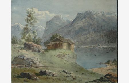 Alpenlandschaft mit Haus vor einem Alpensee. Aquarell, undeutlich signiert (FY).
