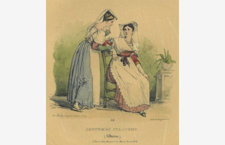 Costumes Italiens. (Albano). Zwei Frauen mit Haube und Tracht im Gespräch - eine sitzend, die andere stehend.