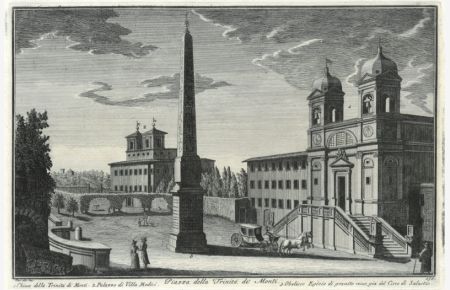 Piazza della Trinita de Monti. Der Kirche Santa Trinita mit dem Obeliken und dem Palazzo Medici im Hintergrund.