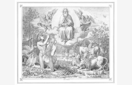 Der siebte Tag der Schöpfung. Adam und Eva knien vor Gott und dem Engelschor. Im Paradies leben Tiere wie Löwen, Ziegen, das Wild und die Vögel friedlich nebeneinander.