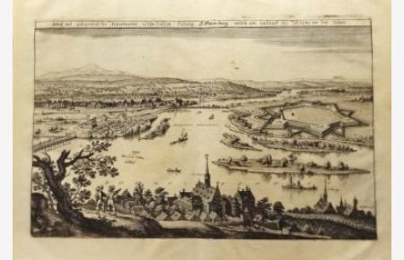 Abriß und gelegenheit der Newerbawten Schwedischen Festung Gustavusburg undten am auslauf des Mayns in den Rhein. Orig. Kupferstich aus der Topographia Hassiae v. M. Merian, um 1646.