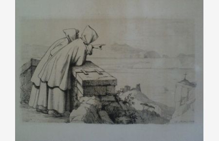 Zwei Mönche bei einer Mauer (Andresen), mit Ausblick auf die Bucht von Bajae, das Capo Miseno und Ischia - Radierung