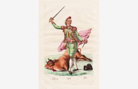 Spanischer Torero mit totem Stier nach dem Kampf. Altkolorierter Kupferstich / Radierung, 1809.