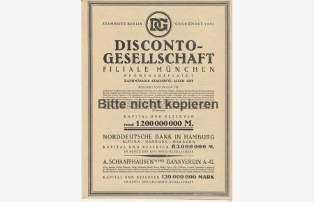 Werbeanzeige: Disconto-Gesellschaft, Filiale München, Promenadeplatz 7 - 1923.