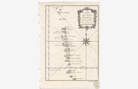 Carte de Isles Maldives. Pour Servir a l`Histoire Generale des Voyages 1750. Echelle de la 50 Lines Marines.