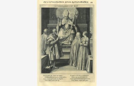 Ganzfigur en face, sitzend im Bischofsornat auf seinem Thron vor einem Altar, die Rechte erhoben zum Segen für die vor ihm stehenden vier erwachsenen Kinder Herzog Heinrichs des Zänkers von Bayern.