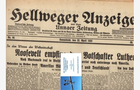 Hellweger Anzeiger und Bote Unnaer Zeitung. Kreisblatt für Unna und die Ämter Unna-Kamen, Fröndenberg, Pelkum und Rhynern.   - Vom 22. April 1933.