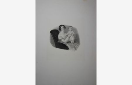Portrait. Dreiviertelfigur, sitzend nach rechts mit dem kleinen Töchterchen Prinzessin Marie auf dem Schoß. Galvanographie von L. Schöninger nach Ph. Foltz.