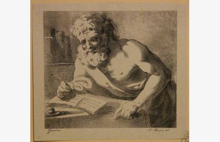 Bärtiger Mann, über einen Tisch gebeugt und in ein Buch schreibend. Lithographie nach Giovanni Francesco Barbieri, genannt Il Guercino.
