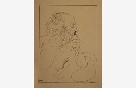 Bärtiger Männerkopf nach rechts, die linke Hand am Kinn. Lithographie nach der Zeichnung des Giovanni Francesco Barbieri, genannt Il Guercino.