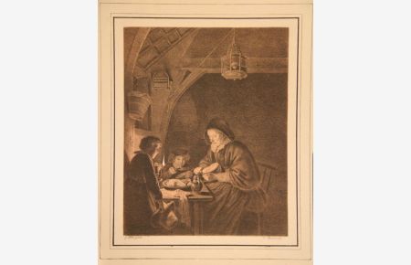 Eine Frau mit Haube und 2 Jungen sitzen am Tisch beim Essen im Kerzenschein, die Frau schneidet das Brot. Getönte Lithographie nach Dow.