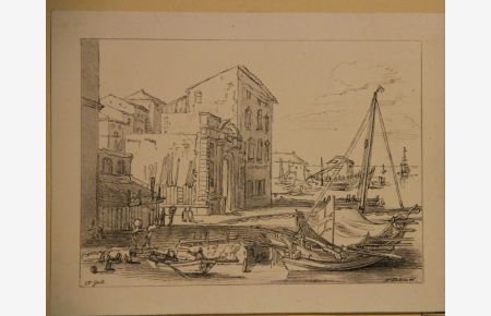Hafenpartie mit Häusern und einigen Booten. Lithographie nach Claude Lorrain (genannt Cl. Gelee).
