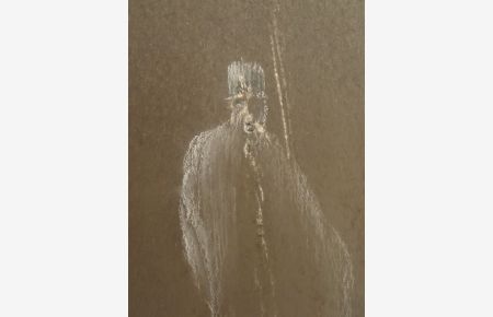 Mann im Mantel und Hut mit langem Stab. Weißer Buntstift auf schwarzem Papier. Signiert 'LoK' (?) und datiert (19)'95'. 16 x 11, 5 cm.