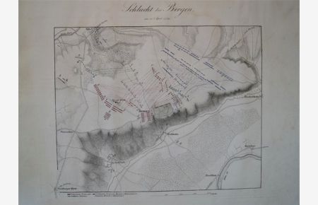 Schlacht bei Bergen. Teilkolorierte Kupferstichkarte aus Bergen, Schlesischer Krieg, Friedrich II, Wien 1840.