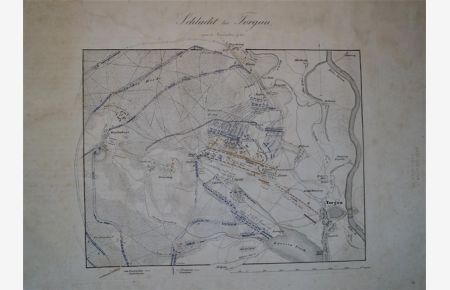Schlacht bei Torgau. Teilkolorierte Kupferstichkarte aus Torgau, Schlesischer Krieg, Friedrich II, Wien 1840.